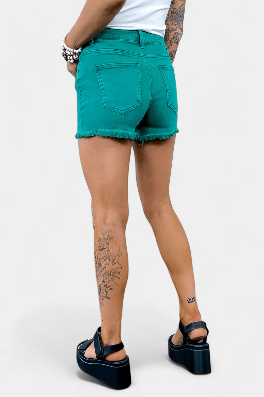 Green Acid Wash Frayed Hem Shorts