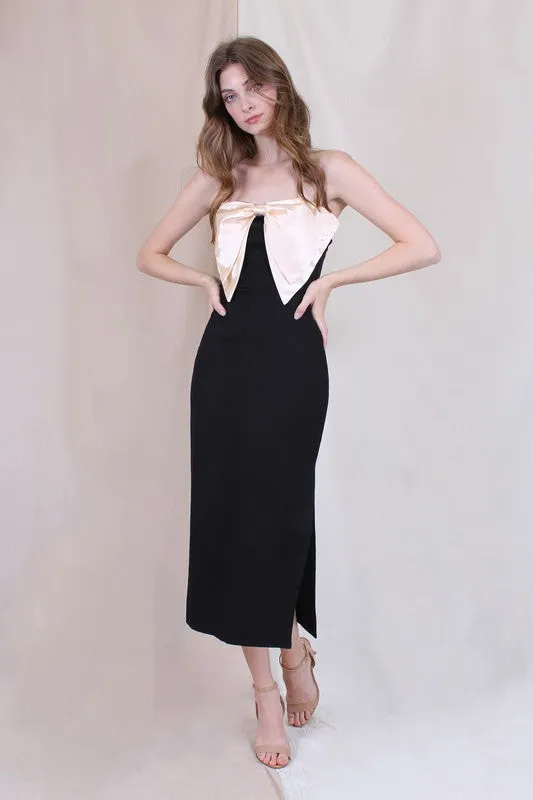 Marlee Bow Strapless Column Cocktail Midi Dress-  Black/Ivory