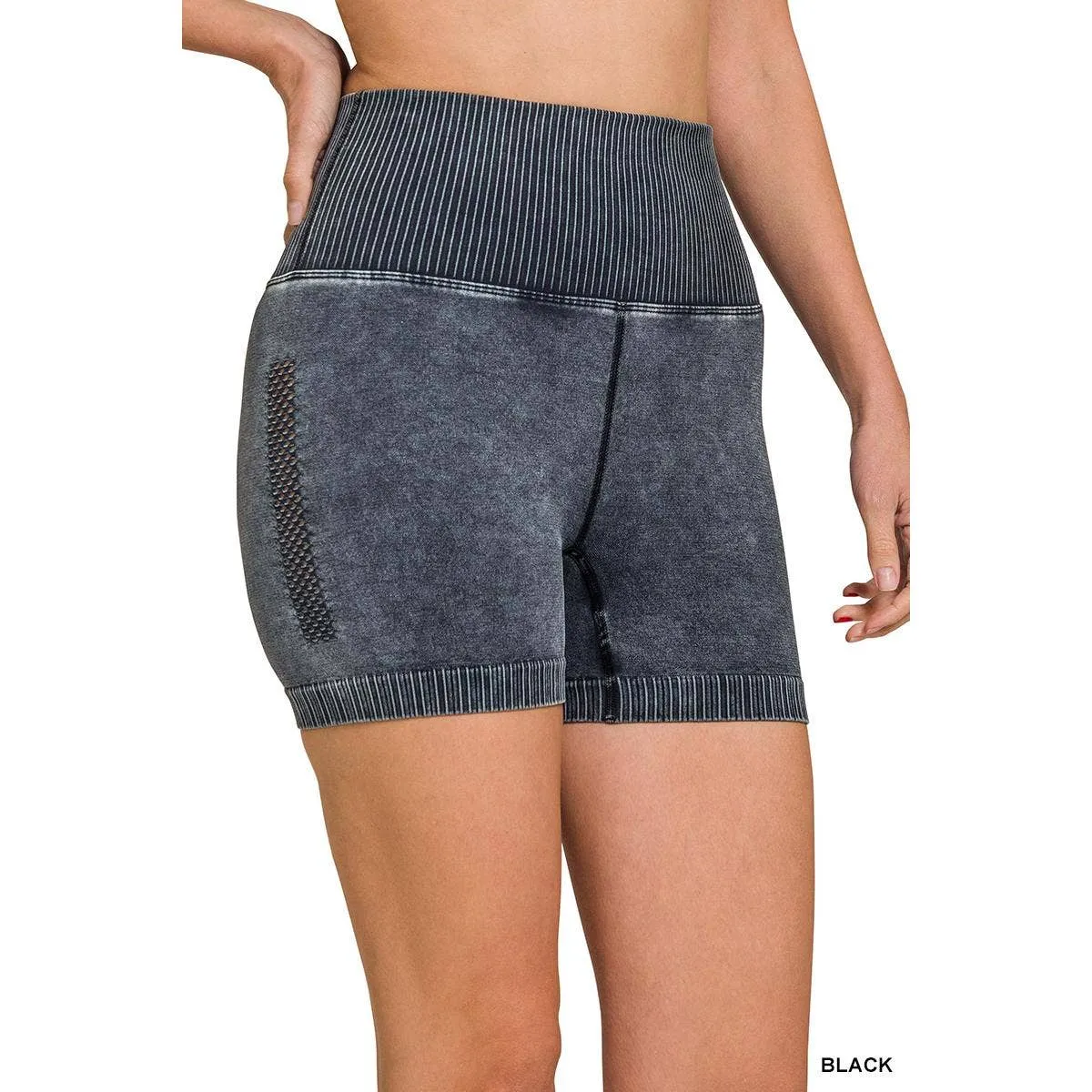 STONE WASHED SEAMLESS HIGH WAISTED SHORTS: B VIOLET / L/XL