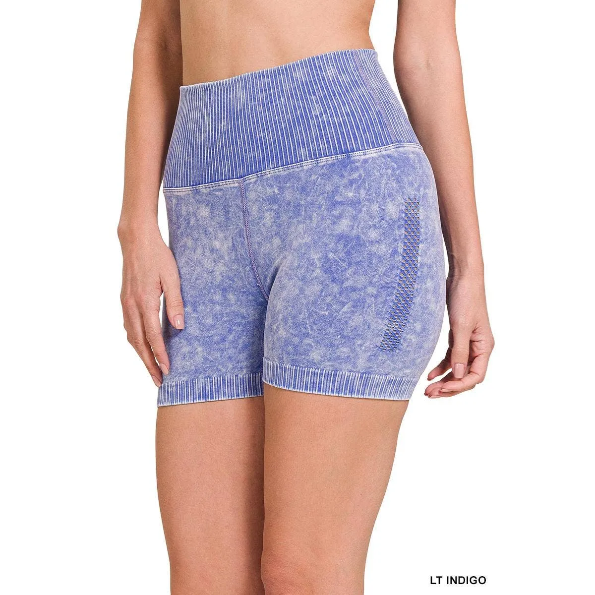 STONE WASHED SEAMLESS HIGH WAISTED SHORTS: B VIOLET / L/XL