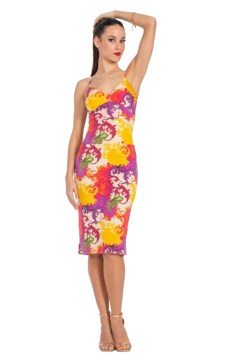 Vibrant Print Fishtail Dress With Spaghetti Straps