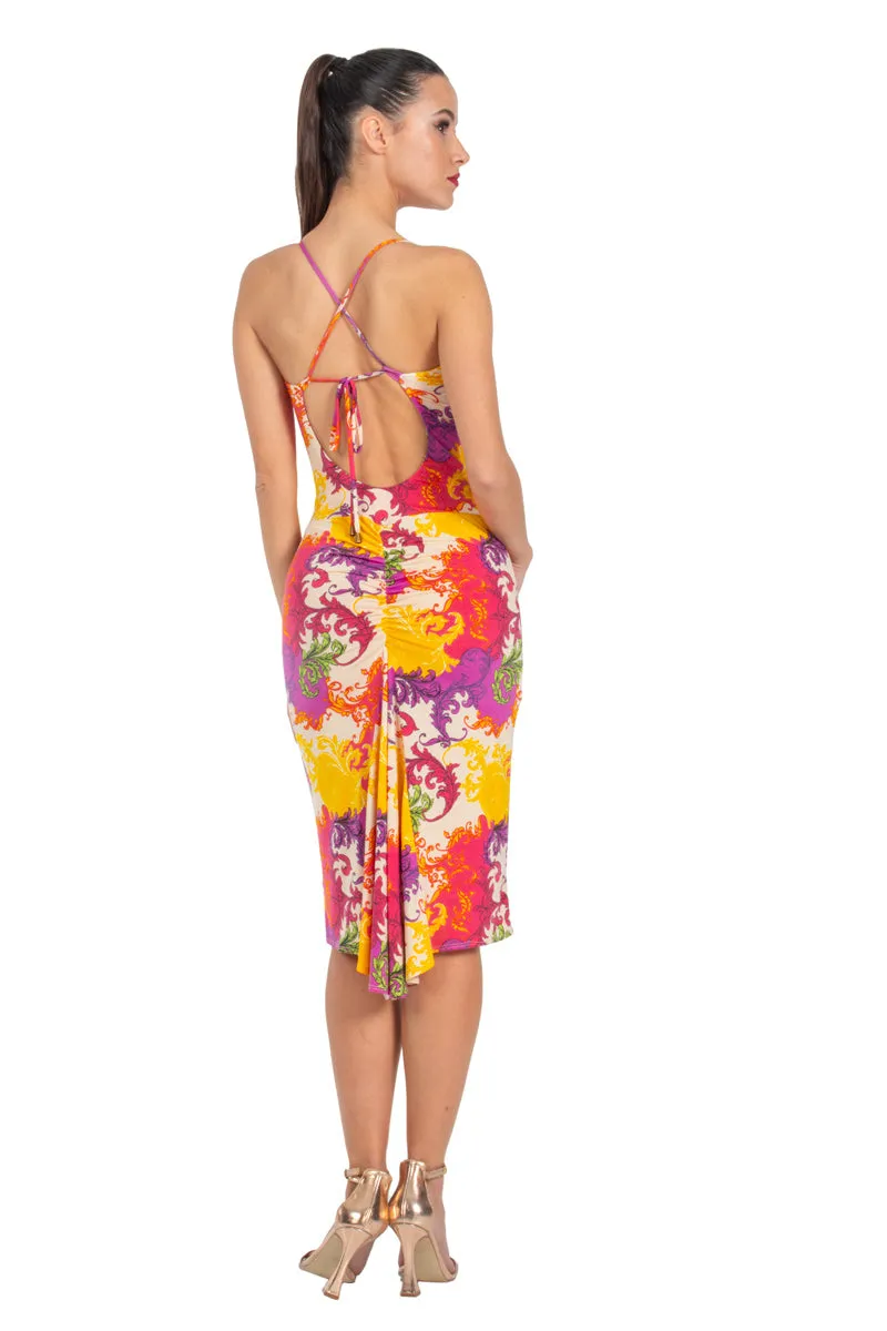 Vibrant Print Fishtail Dress With Spaghetti Straps