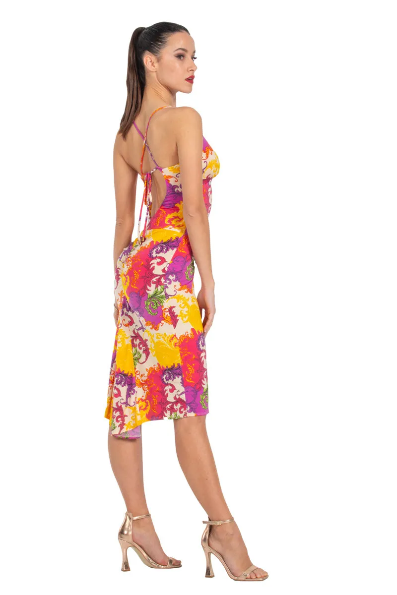 Vibrant Print Fishtail Dress With Spaghetti Straps