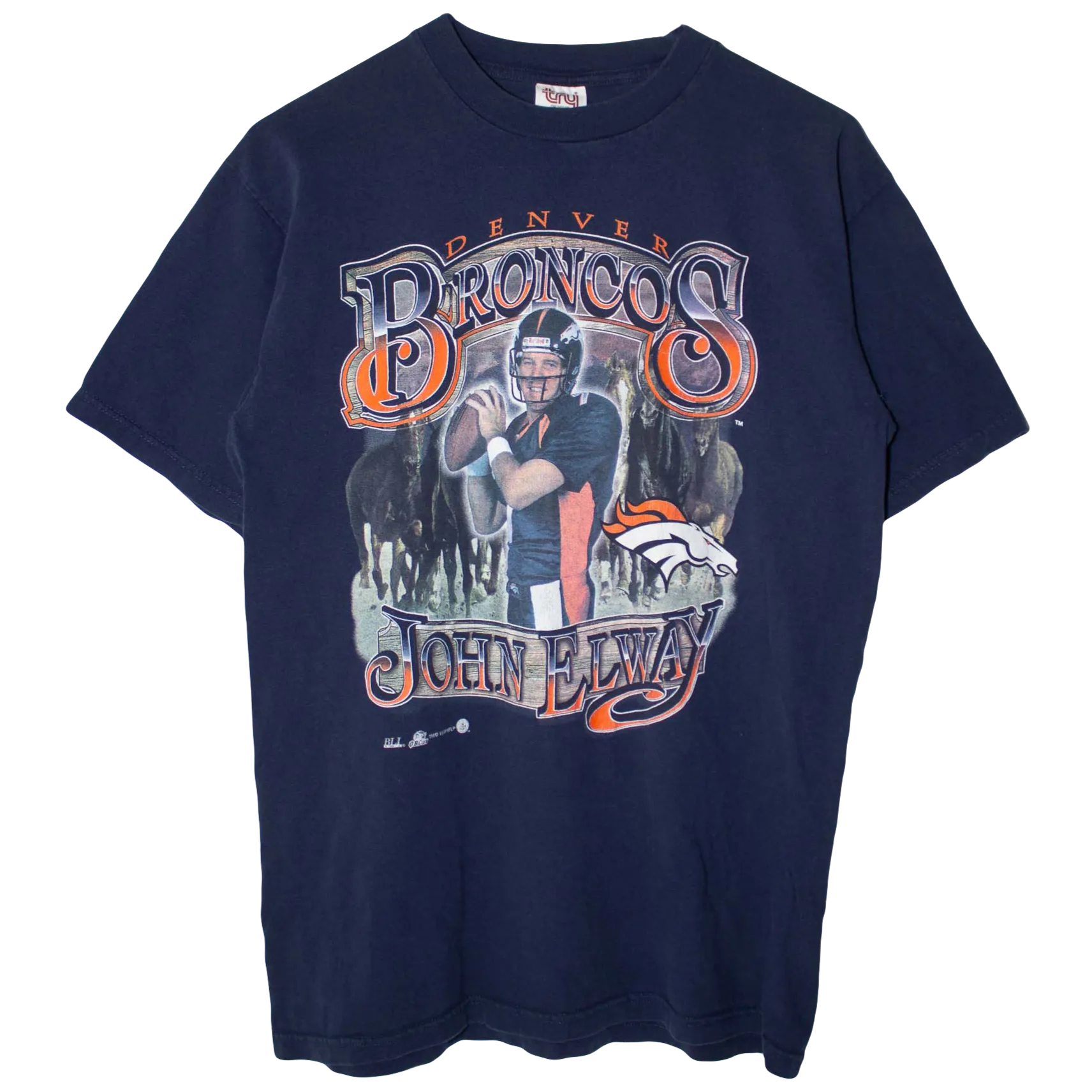 Vintage 1998 Graphic Denver Broncos John Elway T-Shirt Navy (L)