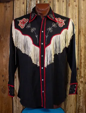 Vintage H Bar C Black Pearl Snap Western Shirt with Fringe and Sequins 60s XL