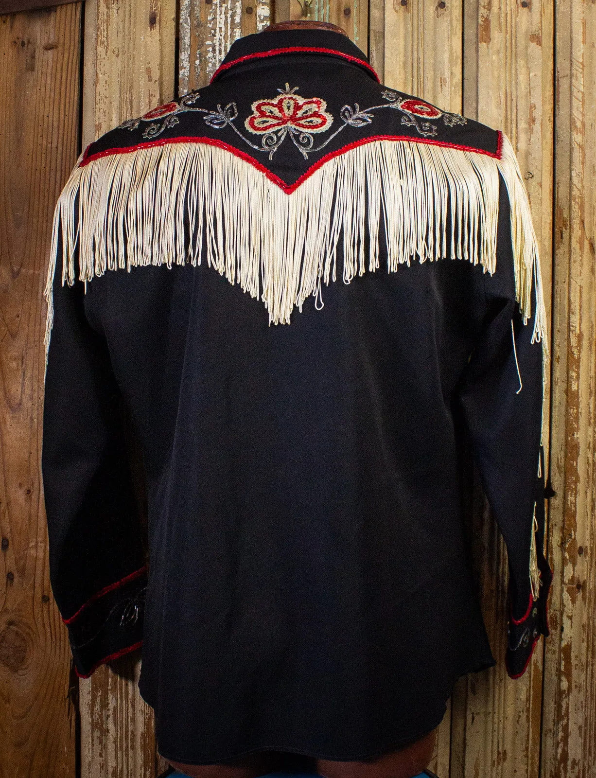 Vintage H Bar C Black Pearl Snap Western Shirt with Fringe and Sequins 60s XL