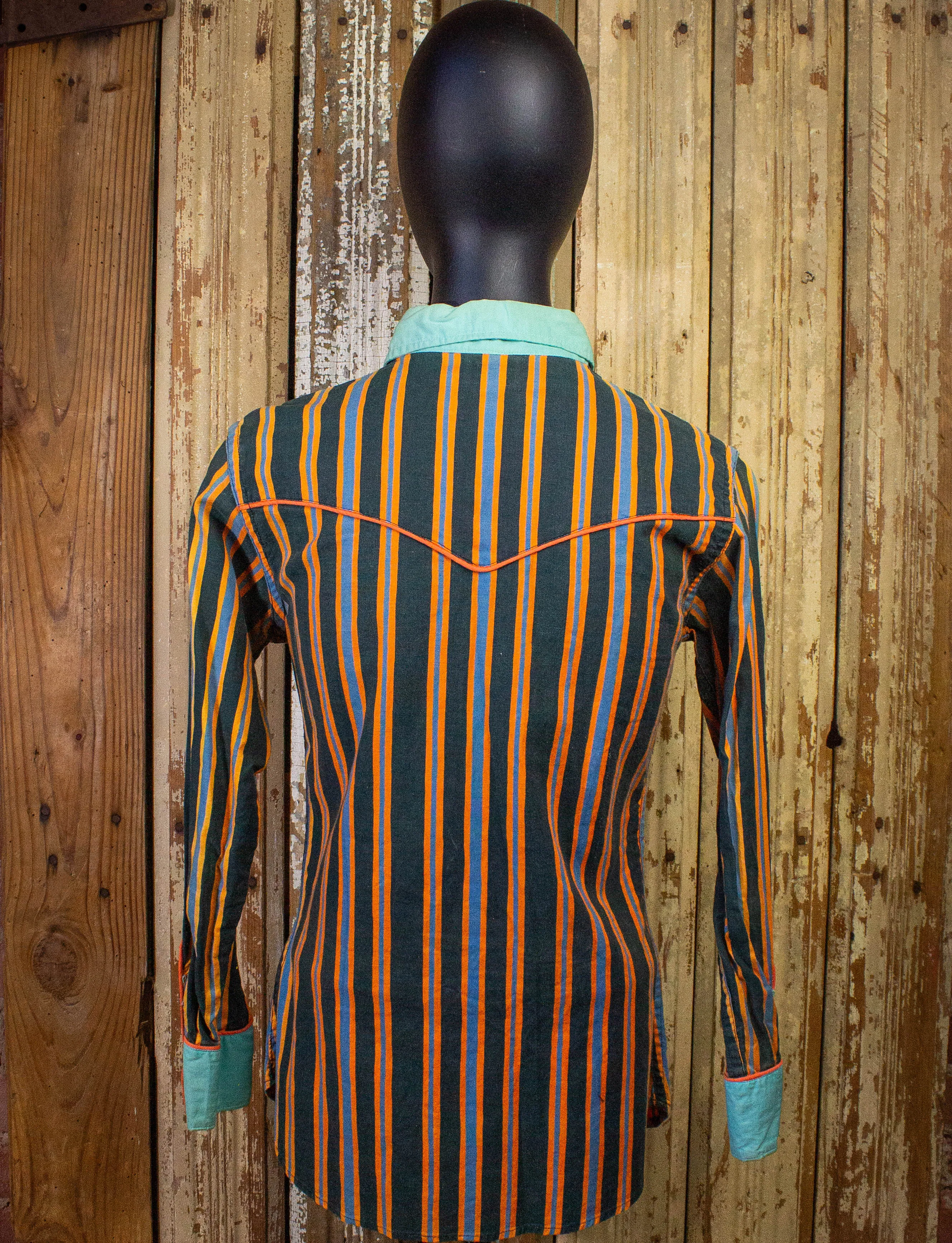 Vintage McClure's Striped Pearl Snap Western Shirt 60s Blue/Orange Small