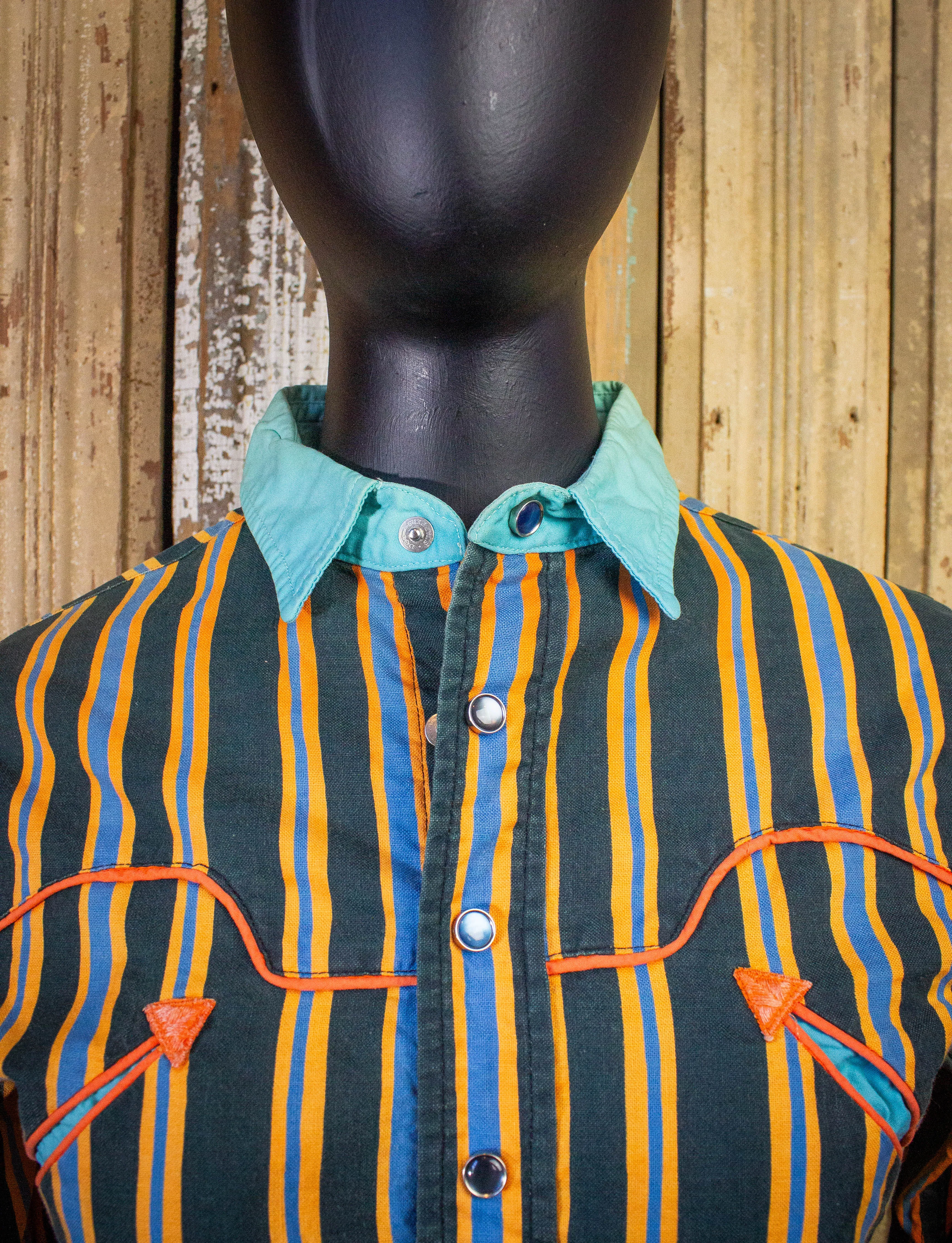 Vintage McClure's Striped Pearl Snap Western Shirt 60s Blue/Orange Small