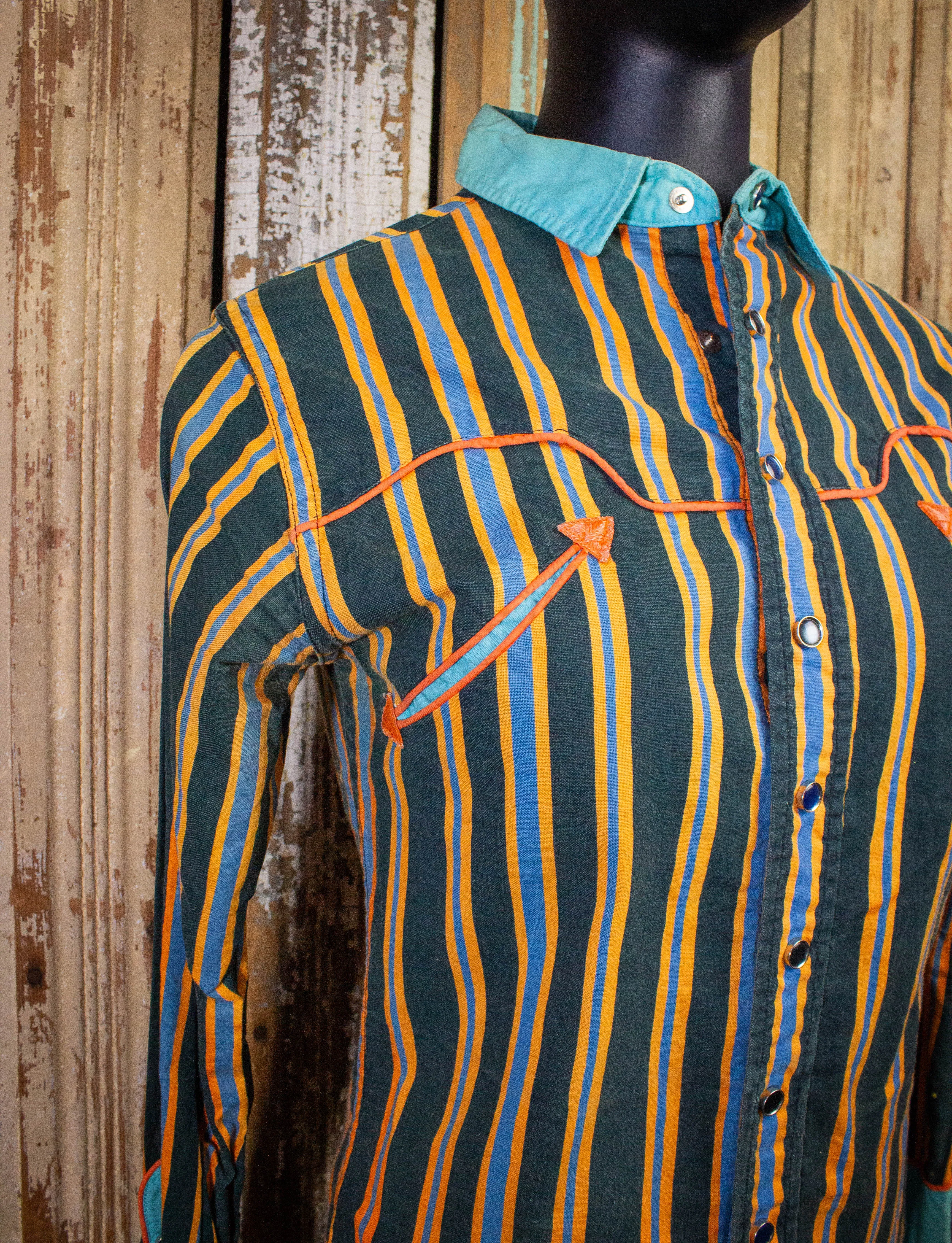 Vintage McClure's Striped Pearl Snap Western Shirt 60s Blue/Orange Small